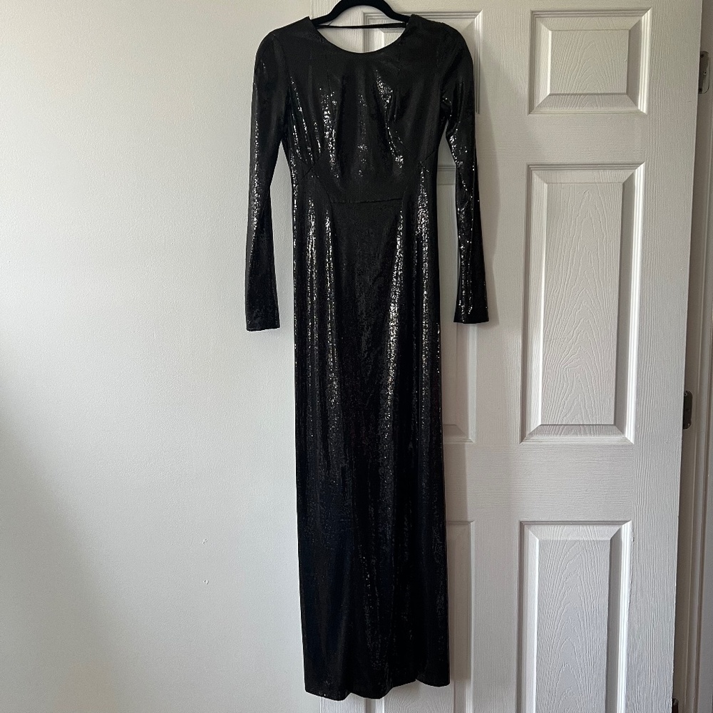 Galvan black sequin long sleeve gown with back detail and front side slit